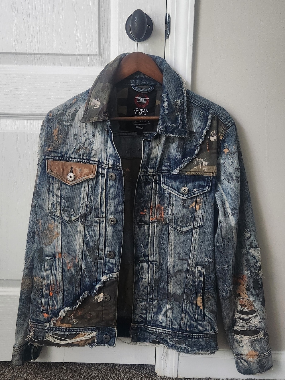 Jordan Craig Distressed Blue Denim Jacket with Brown Accents